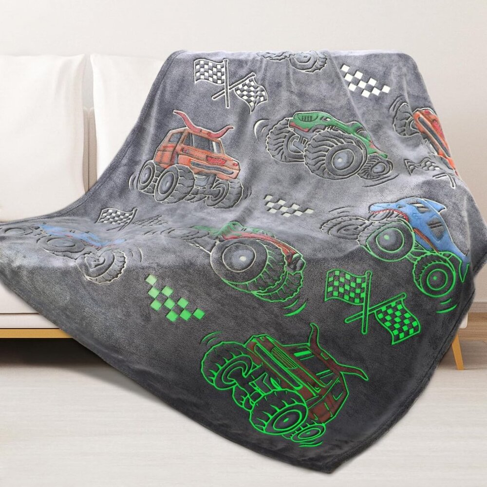 Boys Truck Car Toys Glow in the Dark Blanket Soft Fleece Tractor Room Decor
